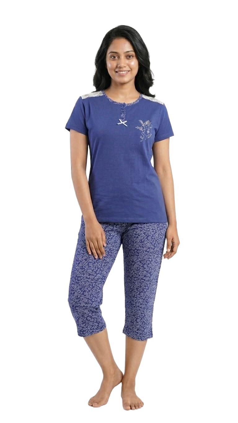 Womens Night Dress || 3/4th Pyjama Set for Women || Cotton Nightsuit || Round Neck Half Sleeve Top with Capri Pant || Women Nightwear || Loungewear-image-42