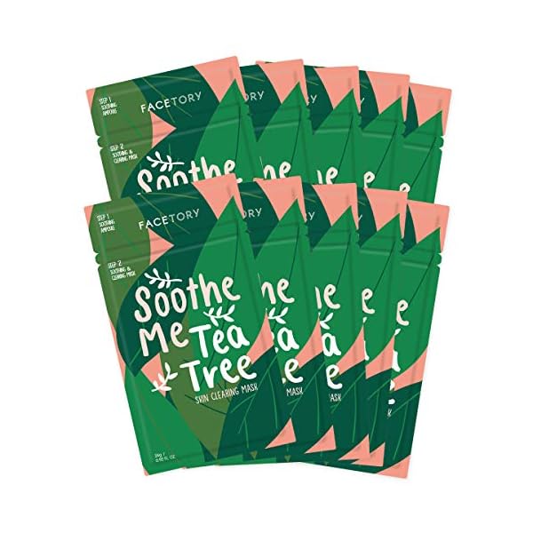 FACETORY K Beauty Face Mask Skin Care - Soothe Me Tea Tree 2-Step Sheet Mask with Tea Tree Extract & Chamomile + Soothing Ampoule | Skin Calming, Acne Clearing (10 Pack)