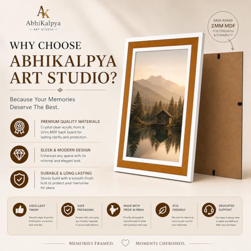 Image of AbhiKalpya Art Studio A3 Photo Frame 12x16 Inch Premium Brown Frame with White Border with Acrylic Front Wall Hanging Frame for Artwork, Posters, Paintings & Photos (Set of 1)