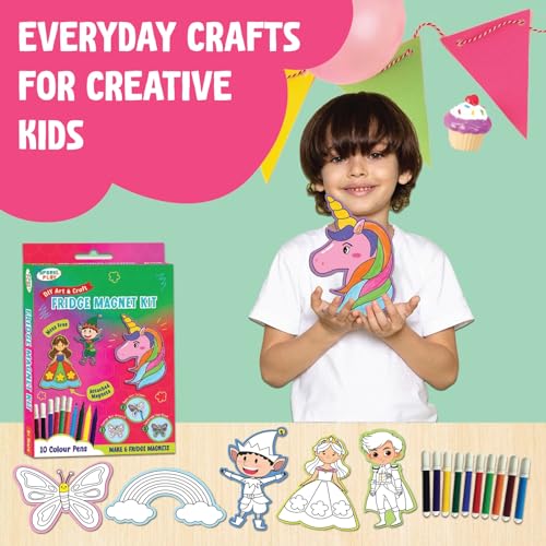 Image of SparkLPlay DIY Craft Kit for Kids Coloring Set with 6 Fridge Magnet Cutouts, 10 Color Pens. Mess Free. Gift for Kids. (Unicorn Princess)