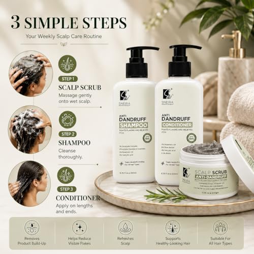Image of Ultimate Anti Dandruff Kit | Scalp Scrub + Shampoo + Conditioner Combo | 2% Salicylic Acid, Rosemary Oil, Shea Butter & Biotin | Helps Remove Flakes, Cleanse Scalp & Nourish Hair | 600ml