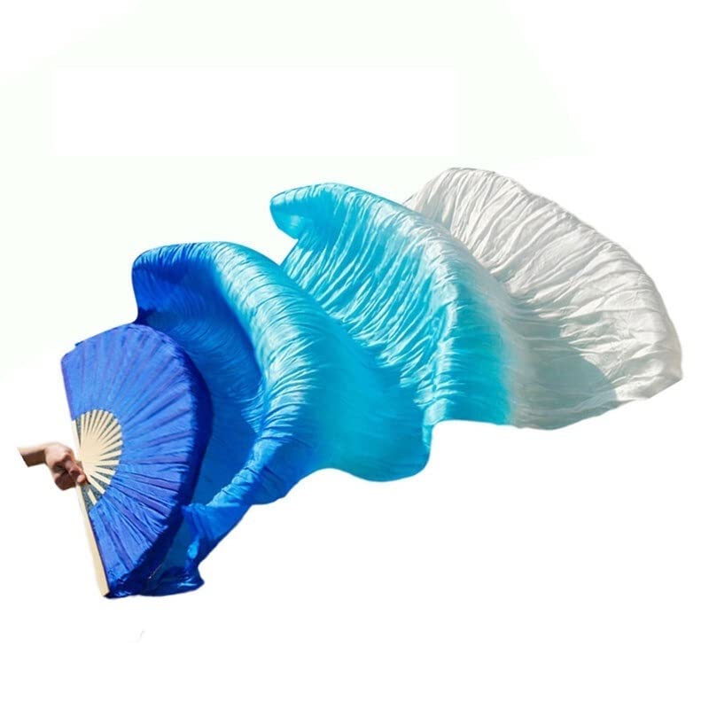 Abanicos de seda natural para danza del vientre con varillas de bambú hechas a mano en azul lago