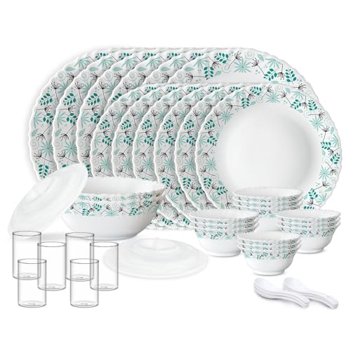 Image of Larah by Borosil Silk Series Stardust Opalware Dinner Set with Vision Glass | 40pcs for Family of 6 | Microwave & Dishwasher Safe | Bone-Ash Free | Crockery for Dining & Gifting | White, Plate & Bowl