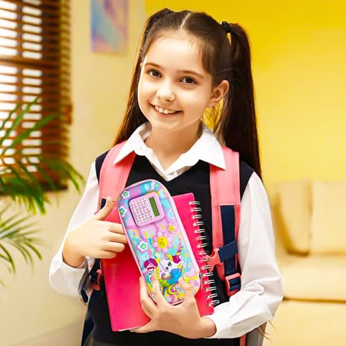 Image of VGRASSP Stationery Pencil Pouch for Kids with Mini Calculator - Unicorn Theme Zipper Case with Multi Storage Compartments - School Supplies Organizer - Multicolor