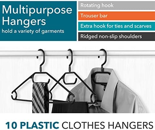 Beldray® LA050779BLK 10 Pack Multipurpose Classic Plastic Clothes Hangers with Suit Trouser Bar, Rotating Hook, Extra Holder for Ties/Scarves, Adult Clothing Hanger for Pants, Dresses, Coats  Black