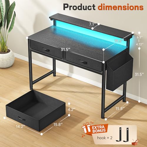 Image of DurayLoly 31Inch Office Computer Desk with LED Lights & 2 Fabric Drawers, Gaming Desk with Side Pocket & Ergonomic Monitor Stand, Small Space Study Writing Table with Anti-Tip Design,Black