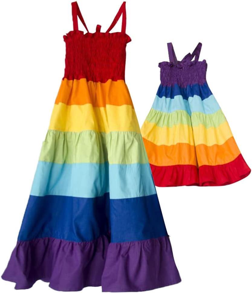 Mommy and Me Dress Summer Casual Boho Floral A-Line Ruffled Flowy Beach Hawaiian Vacation Maxi Dress