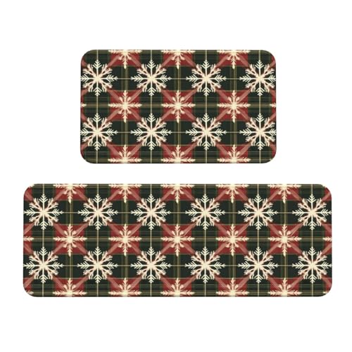 GVYGVY Antifatigue Kitchen Mats for Floor 2 Piece - Snowflake Plaid Print Kitchen Rugs Washable, Non Slip Runner Rug Standing Mat for Office/Bathroom/Laundry/Home Decor and Accessories
