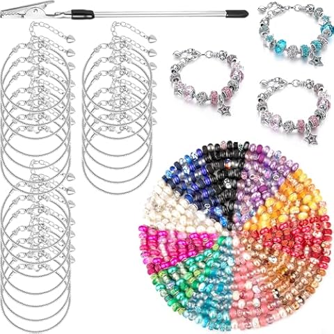 220 Pcs Large Hole Beads with 20PCS 7.87 inches Snake Chain Charm Bracelet European Craft Beads Colorful Rhinestone Lampwork Beads Fairy Garden Beads for DIY Bracelet Necklace Jewelry Making Supplies Cover