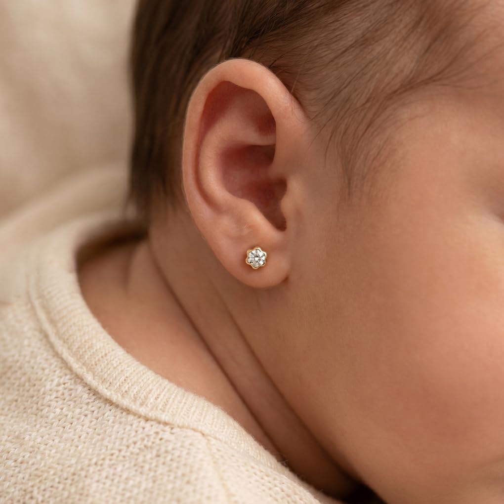 TIME ROAD Pendientes Bebé Niña de Oro 9K HIN00267/4 | Pendientes de Flor 4 mm, Infantil 3, 6, 12 a 24 meses, Ideal como Regalo de Nacimiento, Bautizo o Cumpleaños