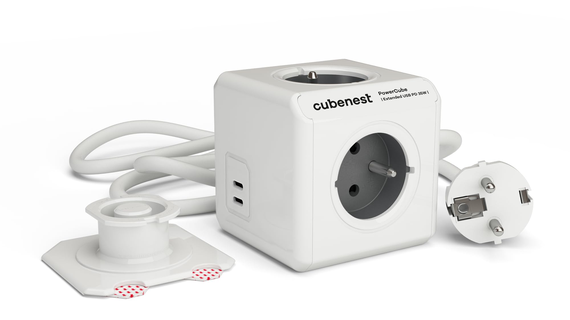 Cubenest Power Cube Extended Steckdosenleiste | USB C+C PD 35W 1,5m | Dual USB-C Port Steckdosenwürfel mit Hochleistungs Schnellladung | Montagedock inklusive (Länder: FR/SK/PL/BE/CZ), Grau