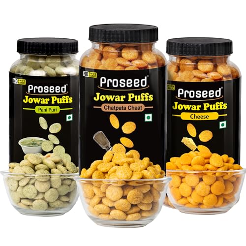 Image of Proseed Jowar Puffs (Pani Puri, Chatpata Chaat & Cheese) | 150g x 3 Packs (Total 450g) | Slow Roasted & 100% Veg | No Refined Flour, Sugar & Trans-Fat | Gluten Free, No Palm Oil, Healthy Millet Snacks