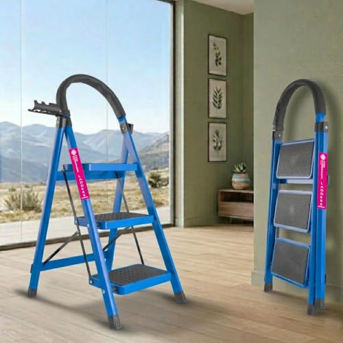 Image of Casa Copenhagen Blue 3 Step Ladder for Home Use with Built-in Tool Tray | Heavy Duty D Shape Rods | Ultra Large Platform | 150Kg Capacity Foldable Ladder - 7 Years Warranty
