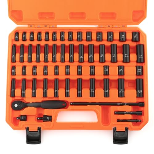 1/4 Drive Impact 56-Piece Socket Set Standard SAE (5/32 to 9/16 inch) & Metric (4-15mm) 6 Points CR-V 1/4-Inch Drive Ratchet Handle Drive Extension Bar & Impact Universal Joint with Case