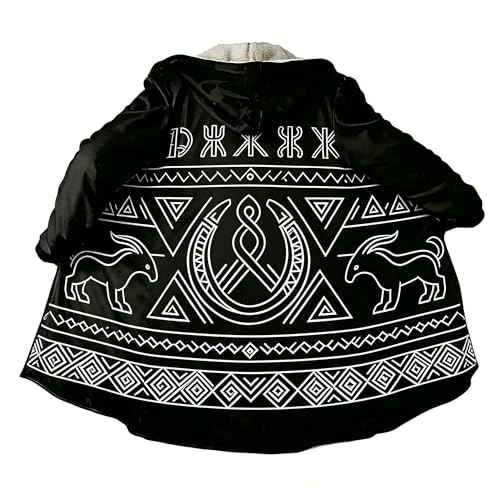 Image of Viking Mythology Mens Hooded Cloak Nordic Faux Cashmere Hoodie Winter Warmer Overcoat Mid-Length Parka Jacket