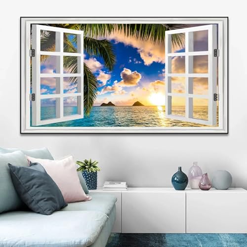 Affiche paysage marin au lever du soleil tableau décoration murale salon avec cadre noir 70x140