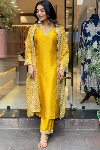 Image of Jwalin Women's Chinon Silk Embroidered Kurta and Pant Set with Dupatta|Kurta Set for Women|Ethnic Set|Kurti Set