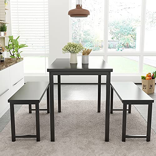 Image of AWQM Dining Room Table Set, Kitchen Table Set with 2 Benches, Ideal for Home, Kitchen and Dining Room, Breakfast Table of 47.2x28.7x29.5 inches, Benches of 41.3x11.8x17.7 inches, Black