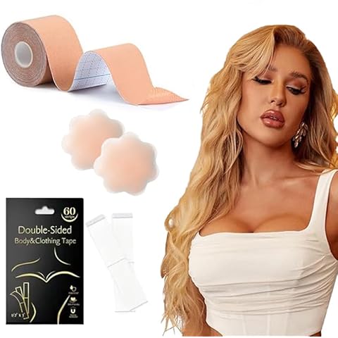 Medimama Lifting Tape with Reusable Nipple Shield Breasts, Lifting Tape; with Fashion Garment Tape (Pack of 60), Sweatproof Bra Tape for All Skin Tones Cover