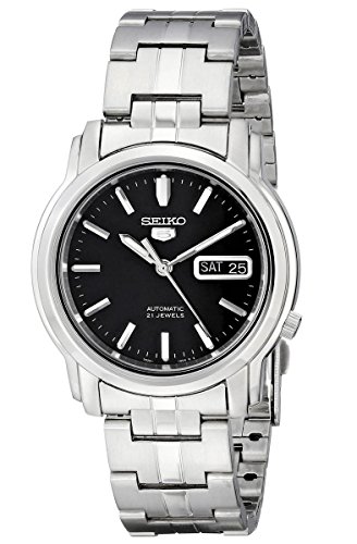 5 Automatic Watch , Men's Sports Watch, Silver Bracelet, 38mm Stainless Steel Case, Black Dial, Luminous Hands, Skeleton Back, Water Resistant - Seiko SNKK71K1