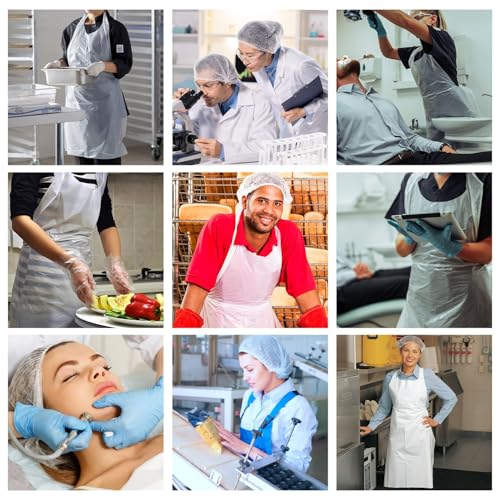 KIBERTIC - 200pcs Delantales Desechables Impermeables y gorros de Plastico 100% Reciclable – Color Blanco | Uso en Veterinarias, Peluquerías, Pintura, Cocina, Limpieza, Clínicas