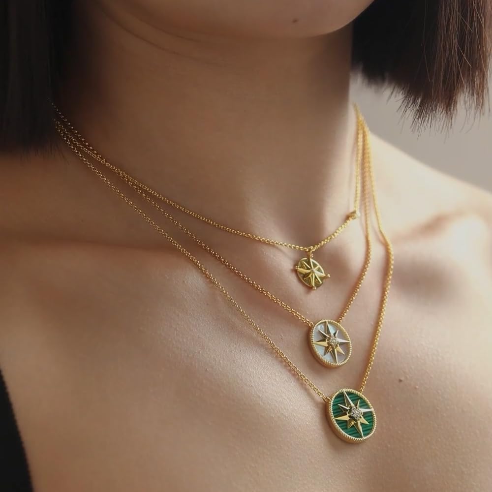 Miss mimi North Star Compass Necklace, 18K Gold Plated, Synthetic Malachite or Mother of Pearl Inlay, Adjustable 15.75+2.75 in Layering Pendant, Dainty Celestial Lucky Talisman Jewelry
