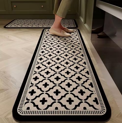 Image of HomeCloud Rubber Kitchen Mats for Floor Set of 2 Pcs | Non-Skid, Soft Absorbent Rugs for Kitchen, Laundry, and Hallway | 120x40cm, 40x60cm| 4mm Thickness (Trap Black White X)