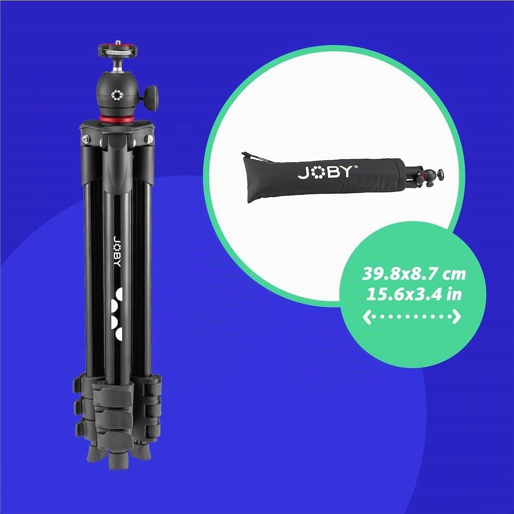 Joby Compact Light Kit, Treppiede Smartphone/Fotocamere con Testa a Sfera, Supporto per Smartphone Universale, Borsa di Trasporto, per CSC, Reflex, Mirrorless, Smartphone, Nero, Capacità 1,5 Kg