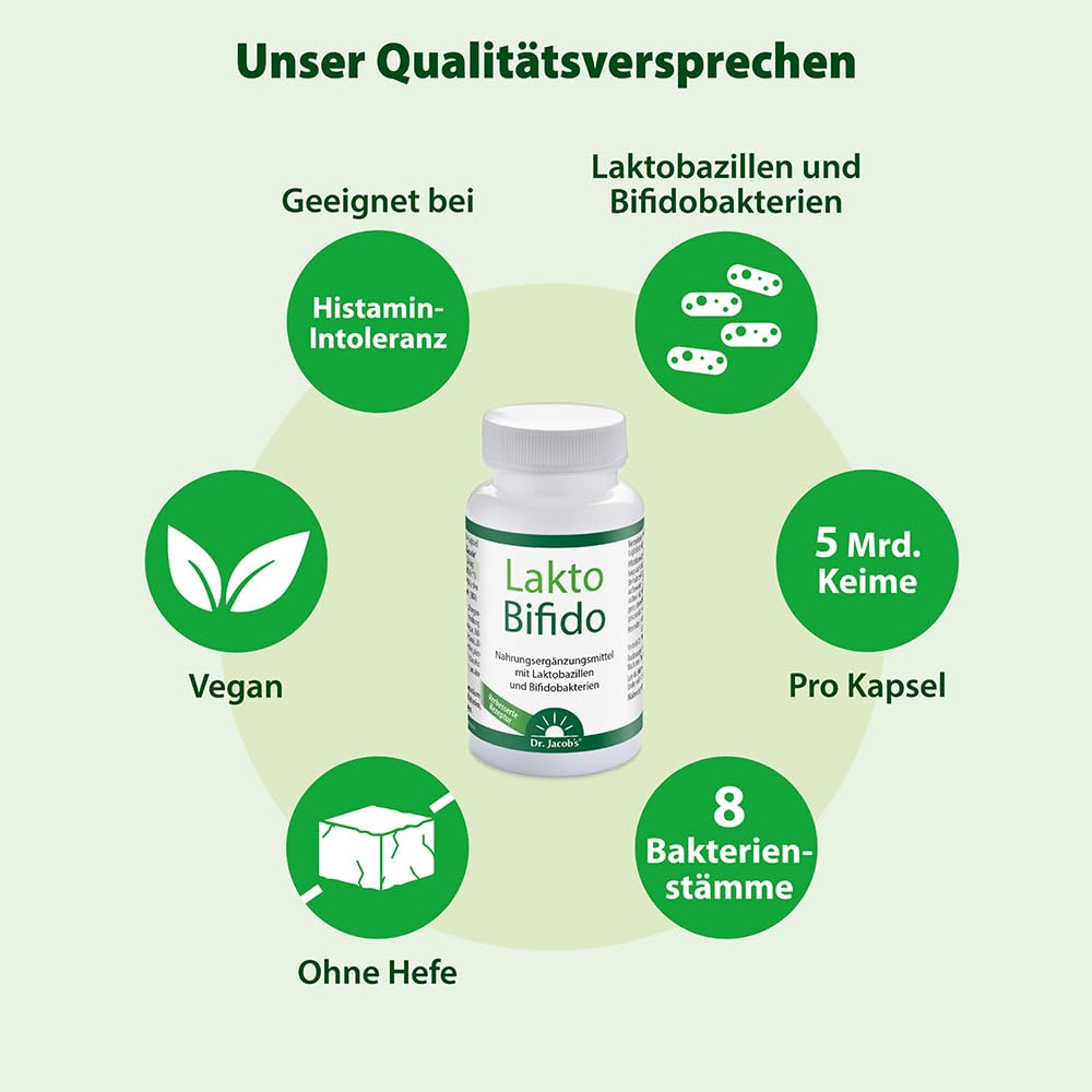 Dr. Jacob's LaktoBifido 90 Kapseln I Laktobazillen und Bifidobakterien | Garantiert 5 Mrd. lebende Keime pro Kapsel I geeignet bei Histaminintoleranz (HIT) I ohne Hefe und Gluten I 90 Portionen