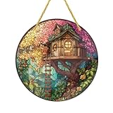 Snugozo - 1PC 6×6inch Stained Glass Styles Ornaments, Treehouse & Floral, Acrylic Hanging Decorative Signs, Acrylic Suncatchers Ideal for Garden, Home Decor, Windowsill, Wall Art, Gifts, Holiday