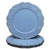 Leemxiiny Antique Blue Charger Plates with Embossed Edge, Plastic Flora Decorative Chargers for Dinn
