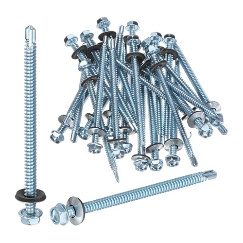 M METERXITY 25-Pack Self Drilling Screws with Rubber Washer M6.3 x 100mm Zinc Plated Carbon Steel Hex Head Self-Tapping Screws for Metal Roofing/Siding Panels/Steel Structures