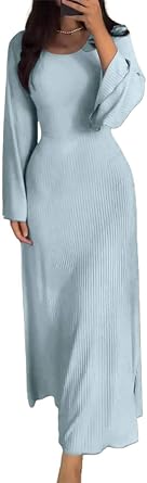 Crewneck Bell Long Sleeve Maxi Dress for Women Dressy Casual Belted High Waist Knit Bodycon Plain Pleated Long Dress