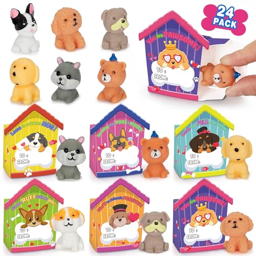 IJIGU Valentines Day Cards for Kids School, 24 Pack Valentine’s Day Gifts for Kids with Dog Figurines and Dog House Box, Ideal Valentines Party Favors , School Games Prize Rewards