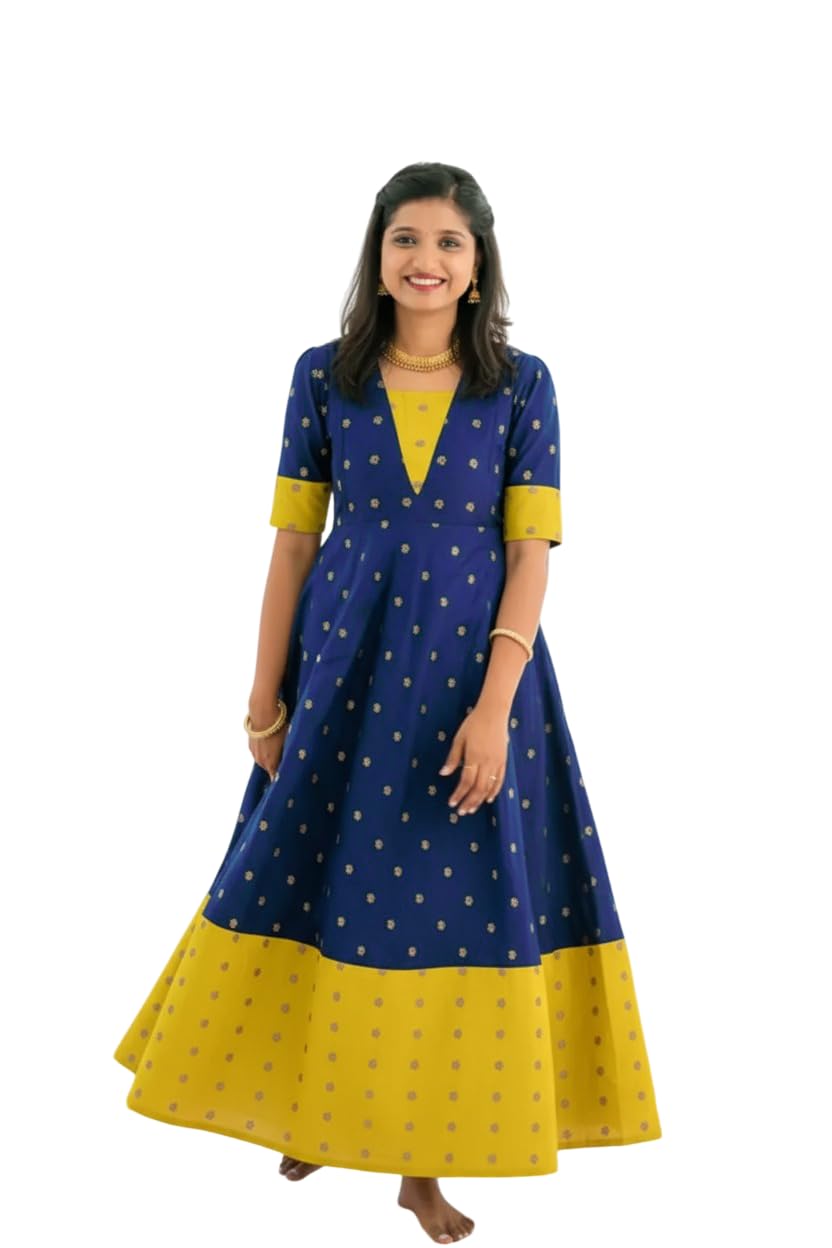 Silk Cotton V-Neck Elbow Sleeves Ankle-Length Flared Anjana Feeding Dress - Sapphire Blue-image-13