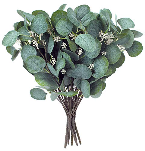 OLYPHAN Künstliche Grünpflanzen Stiele - Kunstseide Eukalyptus Blätter Weiß Seeded Grün/Grau/Blau Floral 6 Picks / 5 Zweige je Floral Pick für Blumenarrangement Handwerk Urlaub Mittelstück Dekor Cover