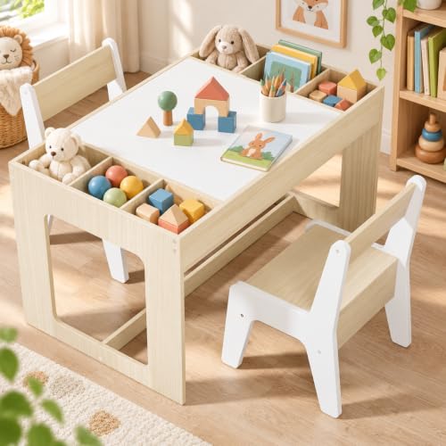 Clevich Kindersitzgruppe mit Stauraum, Kindertisch mit 2 Stühlen, Kinder Tisch Stuhl Set mit wendbarer Tischplatte, Kinderschreibtisch für Kindertagesstätte, für Kinder ab 3 Jahren, Holzfarbe