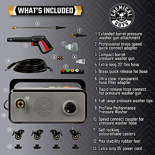 Chemical Guys Eqp408 Proflow Performance Electric Pressure Washer Pm2000, 14.5-Amp Motor 2030 Max Psi, 1.77 Gpm, Includes 5 Full Range Qc Tips, Cleans Cars, Patios, Driveways, Homes And More , Gray #TOP3