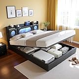 KeepGoon Cama de Matrimonio de 140 x 200 cm, Tira de luz LED e interfaces USB y Type-C con somier de láminas y función de Almacenamiento
