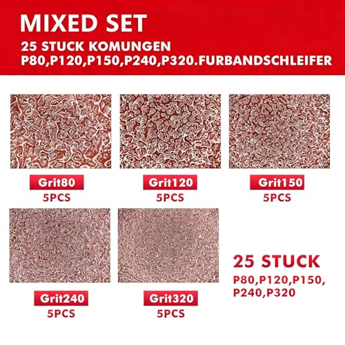 GZKTY Schleifbänder, schleifband 75 x 533 mm, Set mit 25 Stück, Körnungen (P80x5, P120x5, P150x5, P240x5, P320x5), für Bandschleifer