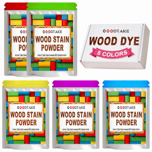 GOODTAKE 5 Colors Wood Stain Powder, Wood Dye Stain Powder That Makes Vibrant Wood, Premium Fast Dry Wood Stain Powder for Crafts, Multiple Finishes - for Indoor Outdoor Wooden (5 Colors)