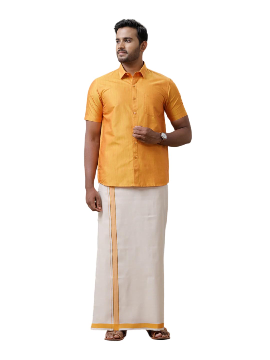 Men Cotton Blend Half Sleeve Shirt and Tissue Dhoti Set |Wedding & Festive-image-9