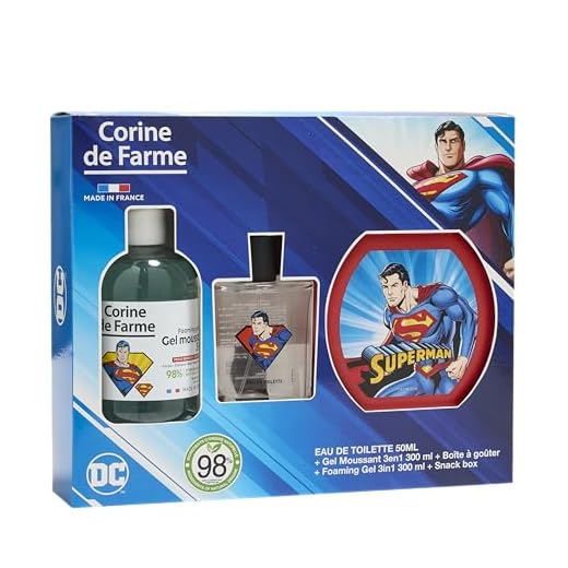 Corine de Farme - Set de Regalo Superman para Niño - Colonia 50ml, Gel de Ducha y Baño 3en1 Cuerpo y Pelo 300ml y Fiambrera Infantil - Aroma Afrutado de Manzana