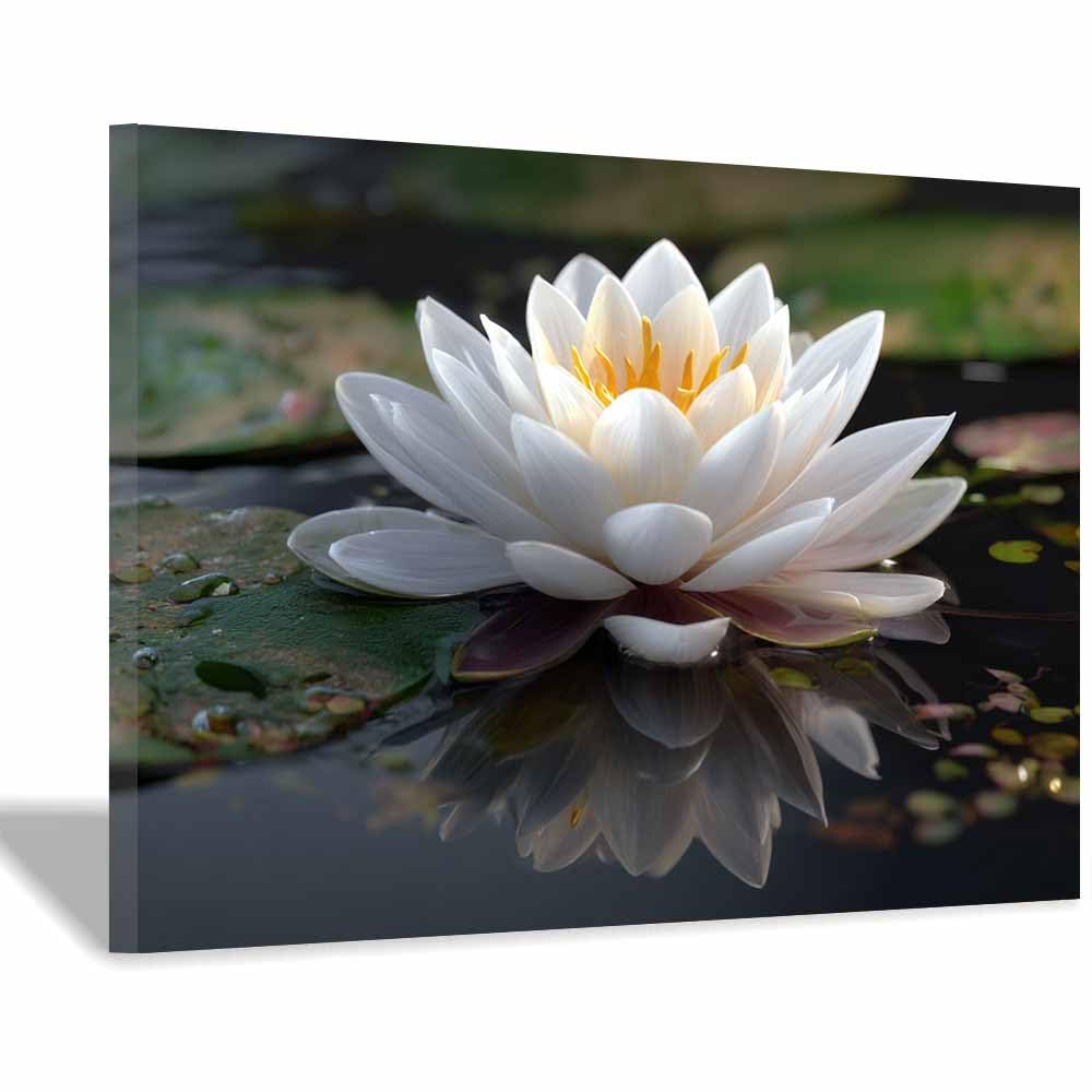 ZAMAEIU Landscape Wall Art Lotuss mirrored in water Artwork for Walls, Canvas Prints Paintings Room Decor, for Bedroom Kitchen Office Fireplace Wall Decor(white)-60x90cm Framed