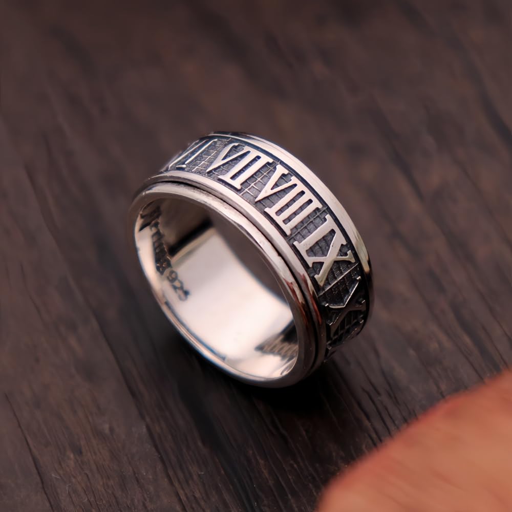 ForFox Vintage 925 Sterling Silber Römischen Zahlen Ring Spinner Fidget Anxiety Ring für Herren Damen Größe 53-64