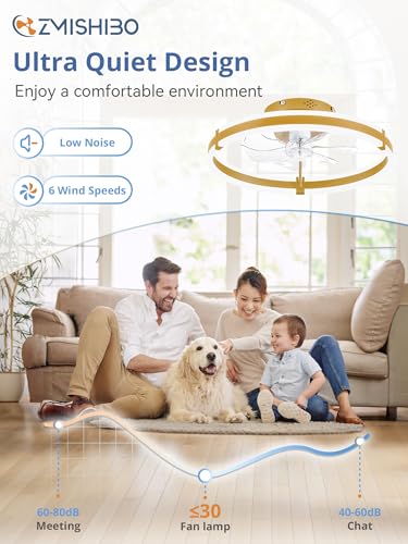 Image of ZMISHIBO Ceiling Fans with Lights and Remote, 19.7'' Low Profile Ceiling Fan, 3000-6000K Dimmable Modern Flush Mount LED Fan Light, 6 Wind Speeds, Gold Fandelier Ceiling Fans for Bedroom