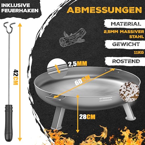 KESSER® Feuerschale 2,5mm Stahldicke | Feuerkorb Ø60cm legierter Stahl | Feuertonne +42cm Feuerhaken Gusseisen Wasserablauf & 2 stabile Griffe Holz & Kohle Feuerstelle für Lagerfeuer Garten & Terrasse – Bild 4