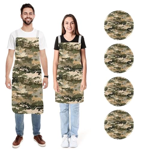 Tablier de cuisine doux motif camouflage avec 2 grandes poches et sangle réglable