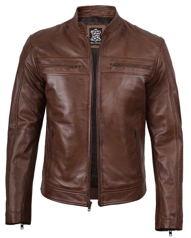 Image of Blingsoul Stylish Black & Brown Cafe Racer Leather Jacket For Men - Real Lambskin Leather Motorcycle Jacket Mens