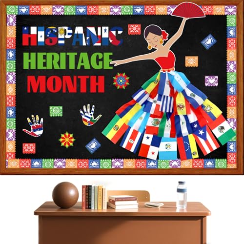 Image of Hispanic Heritage Month Decorations Bulletin Board Set, Spanish Heritage Month Bulletin Board with Latin American Flags Board Border Paper Flowers, Spanish Classroom Decor for Door Wall Party Supplies